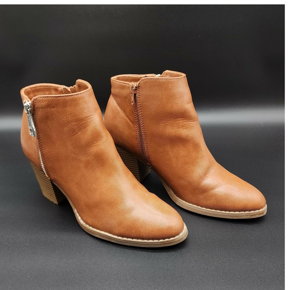 Express Ankle Boots Women Size 9 Brown Faux Leather Block Heel Side‎ Zip Booties